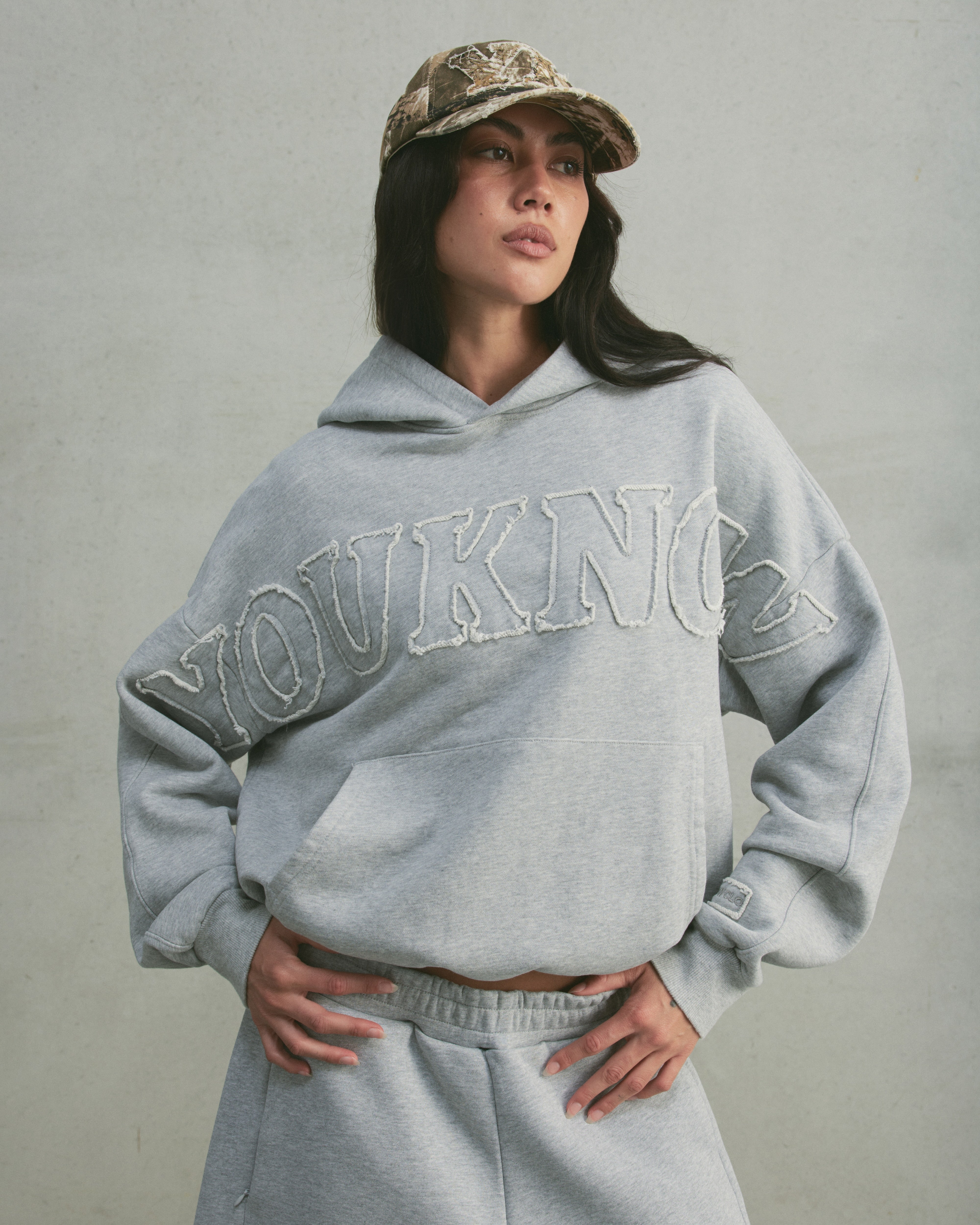 Distressed Applique Hoodie | GREY MARLE