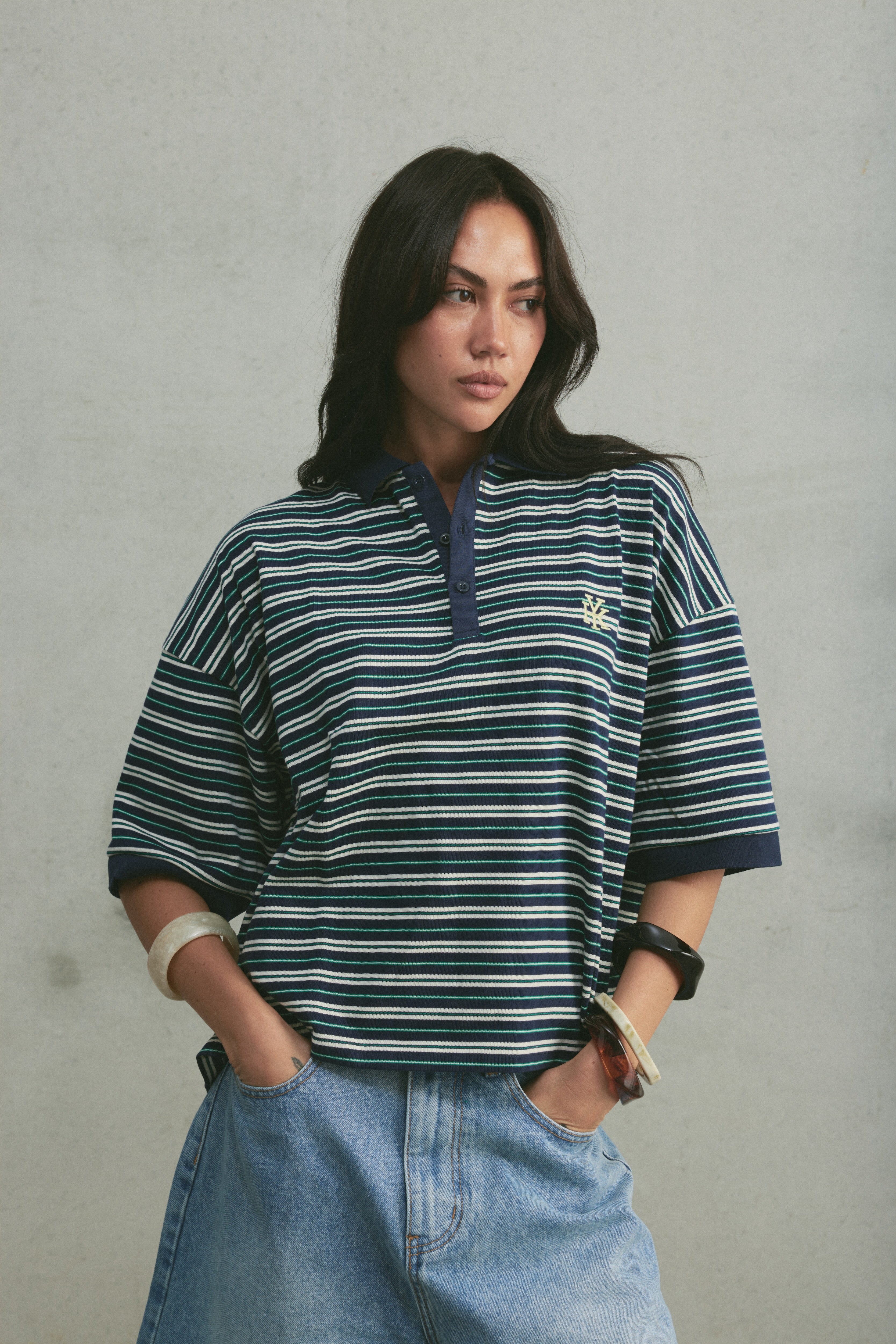 Boxy Polo | Navy Stripe