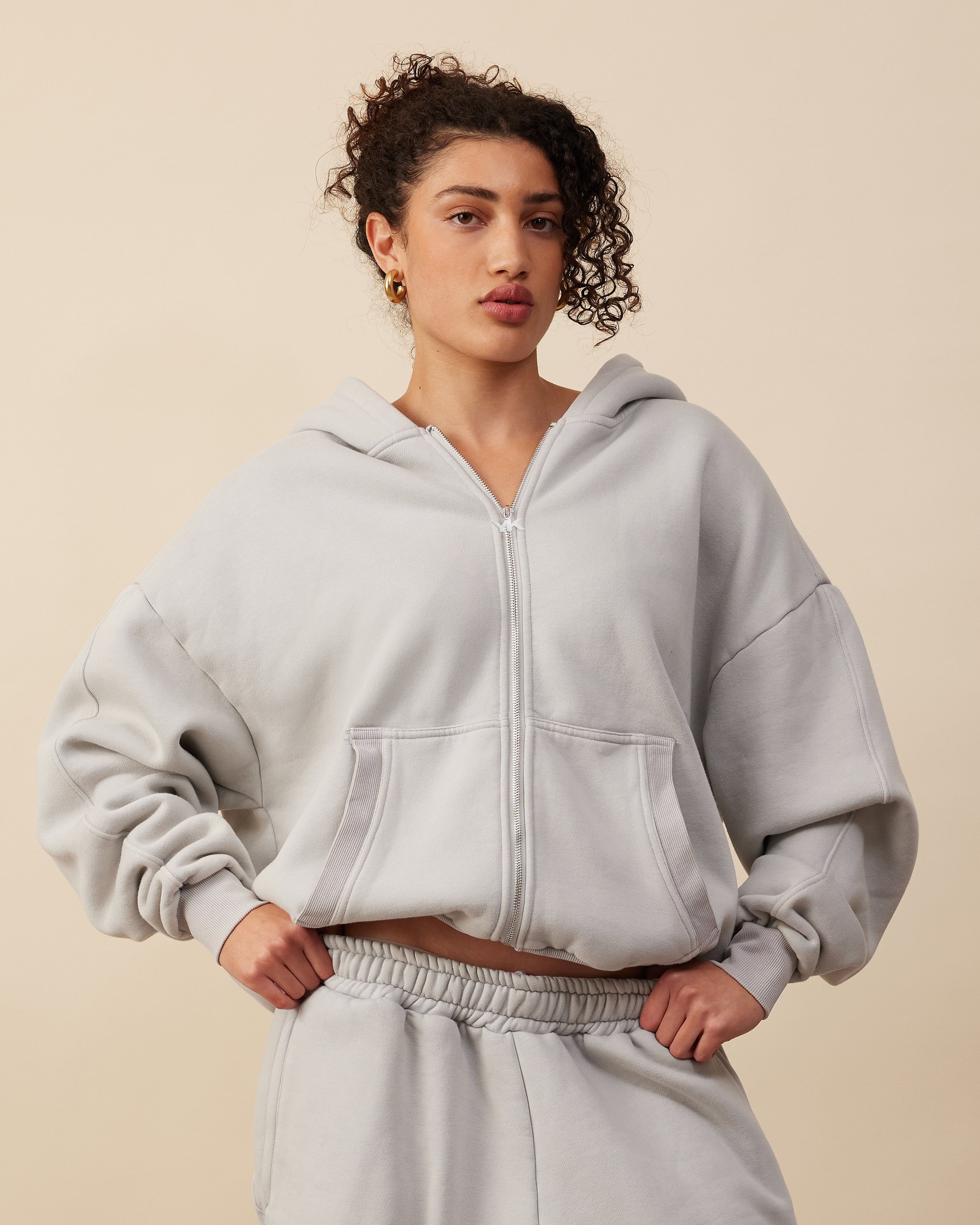 Panelled Zip Up Hoodie | Light Grey