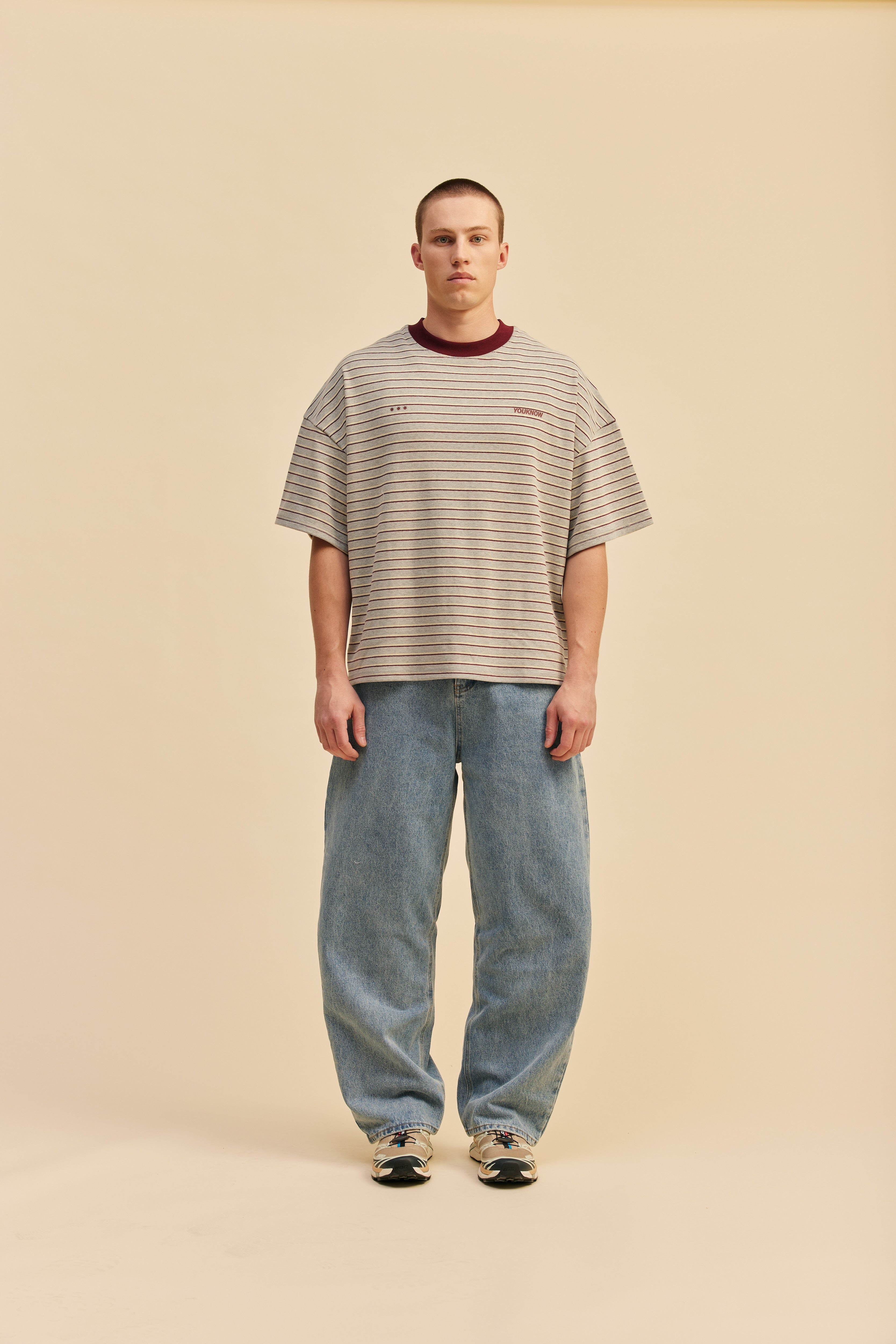 Striped YK Tee | Grey/Maroon Stripe