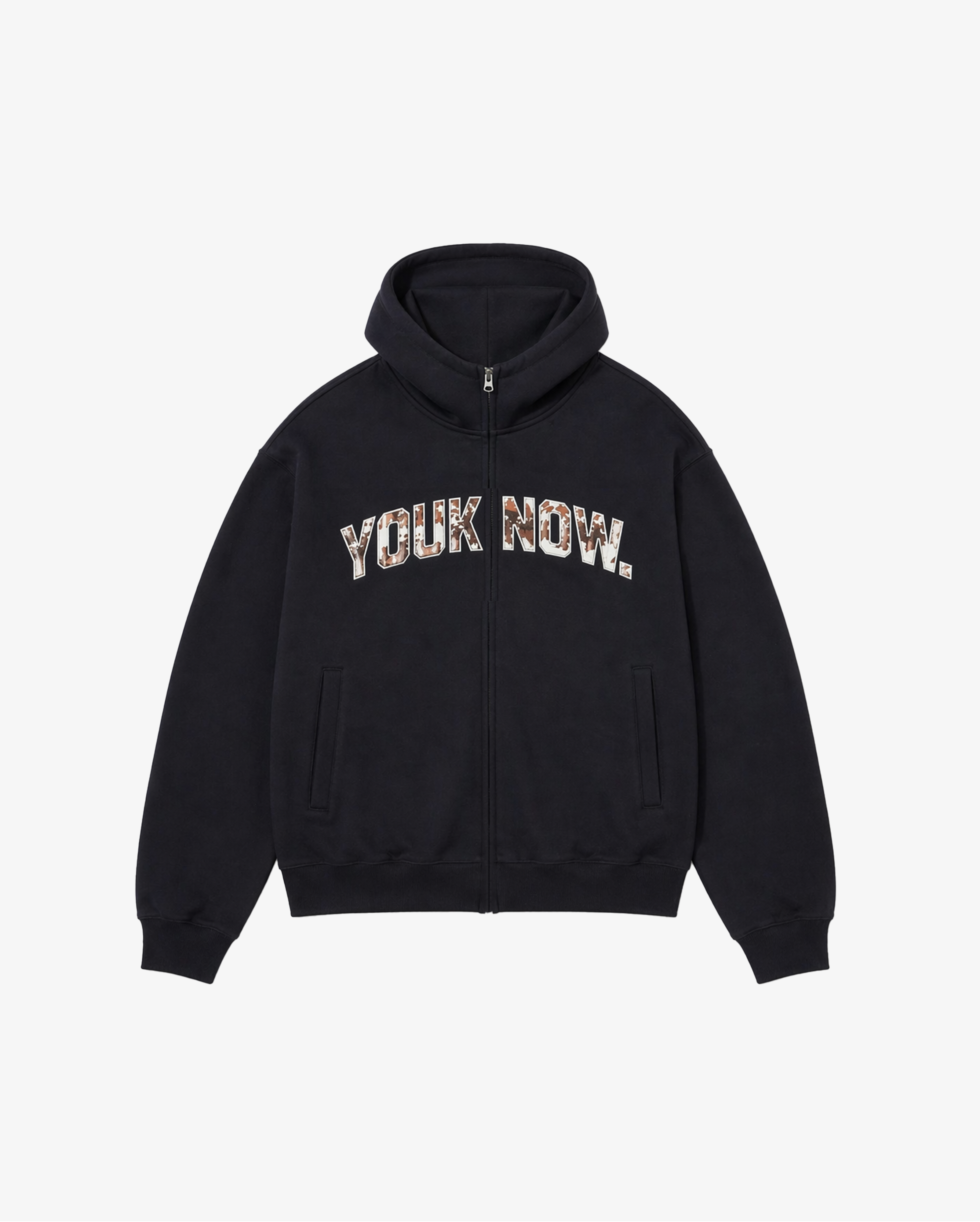 Offset Zip Up Hoodie | Navy/Cow Print