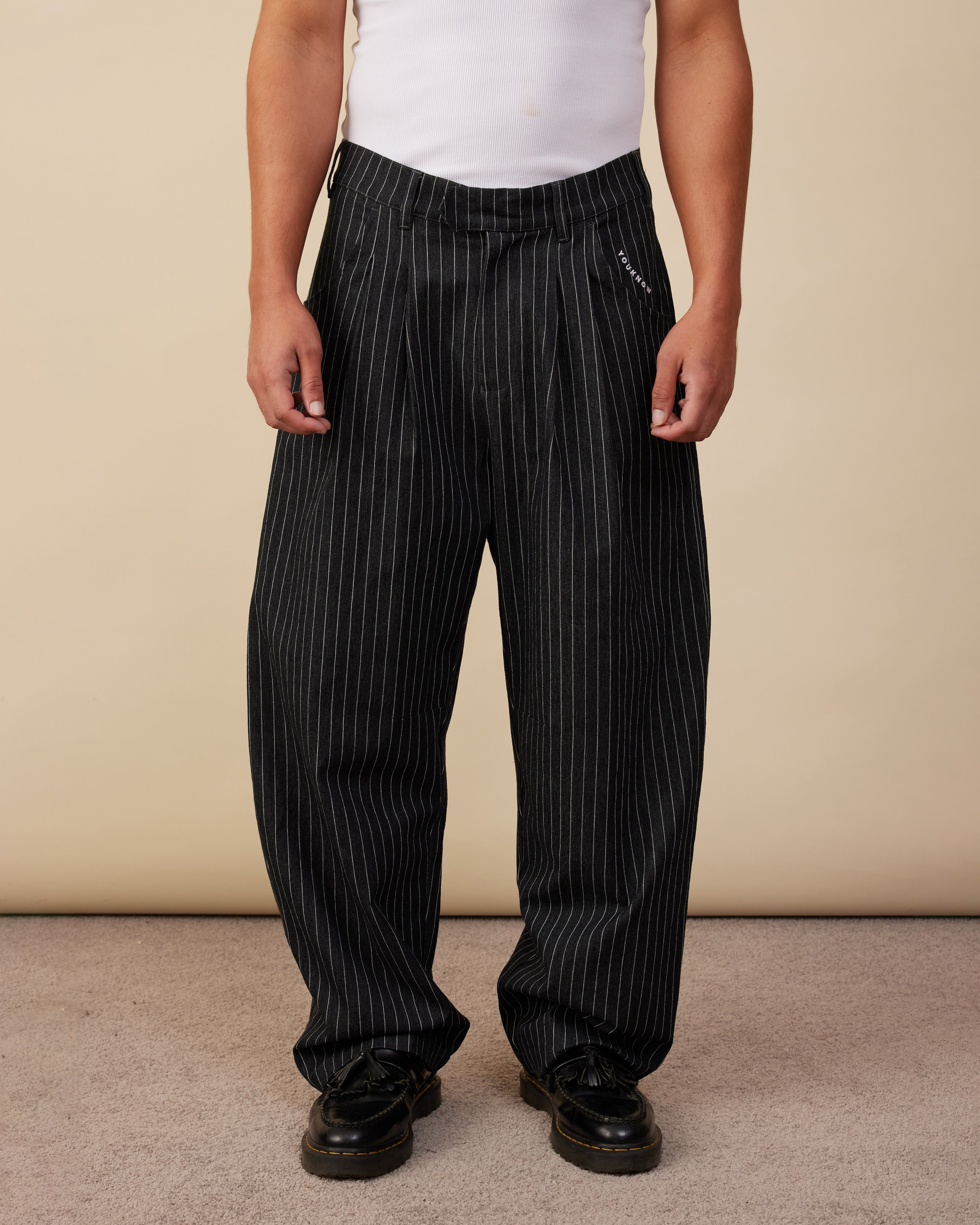 Barrel Leg Pants | Black Pinstripe