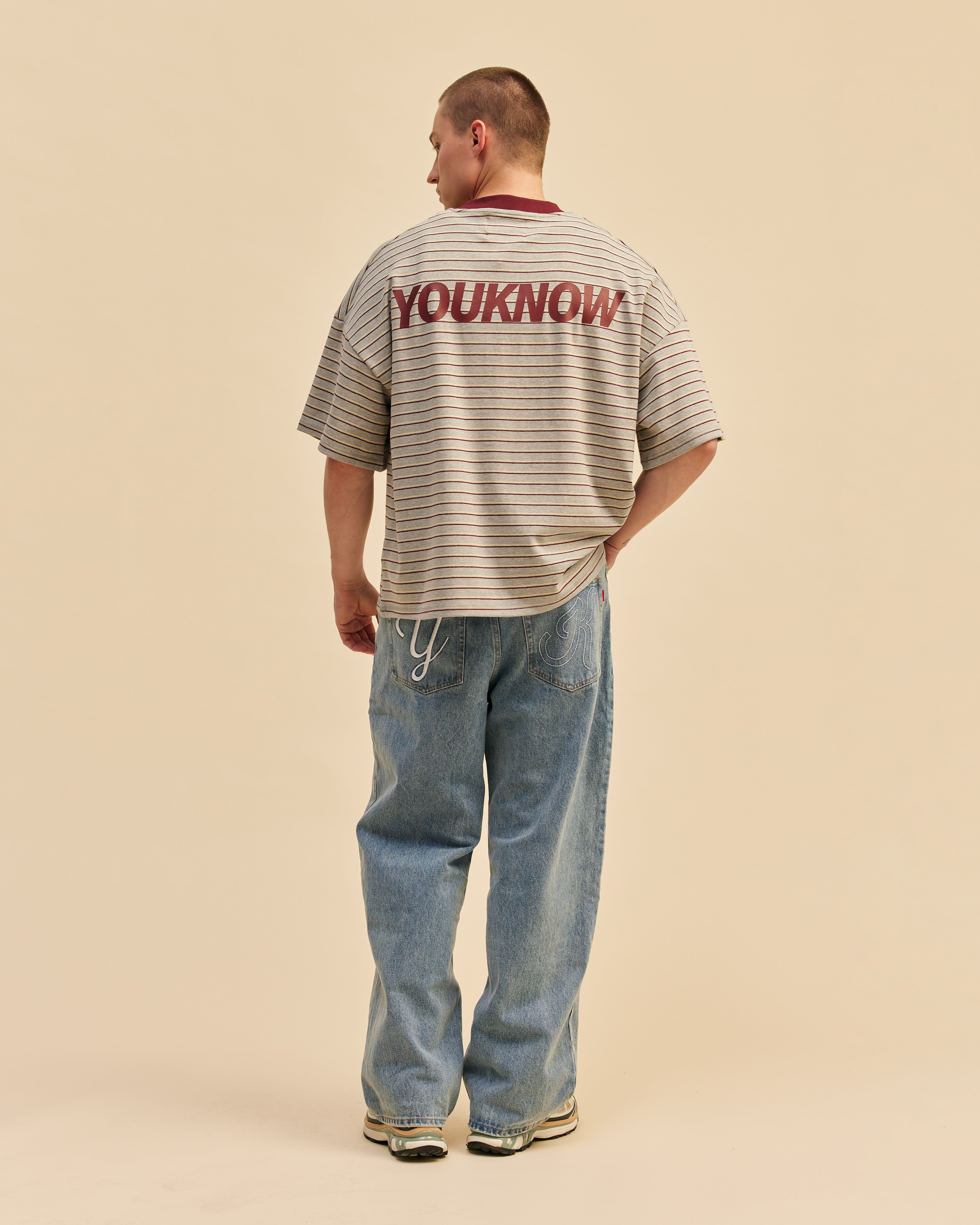Striped YK Tee | Grey/Maroon Stripe