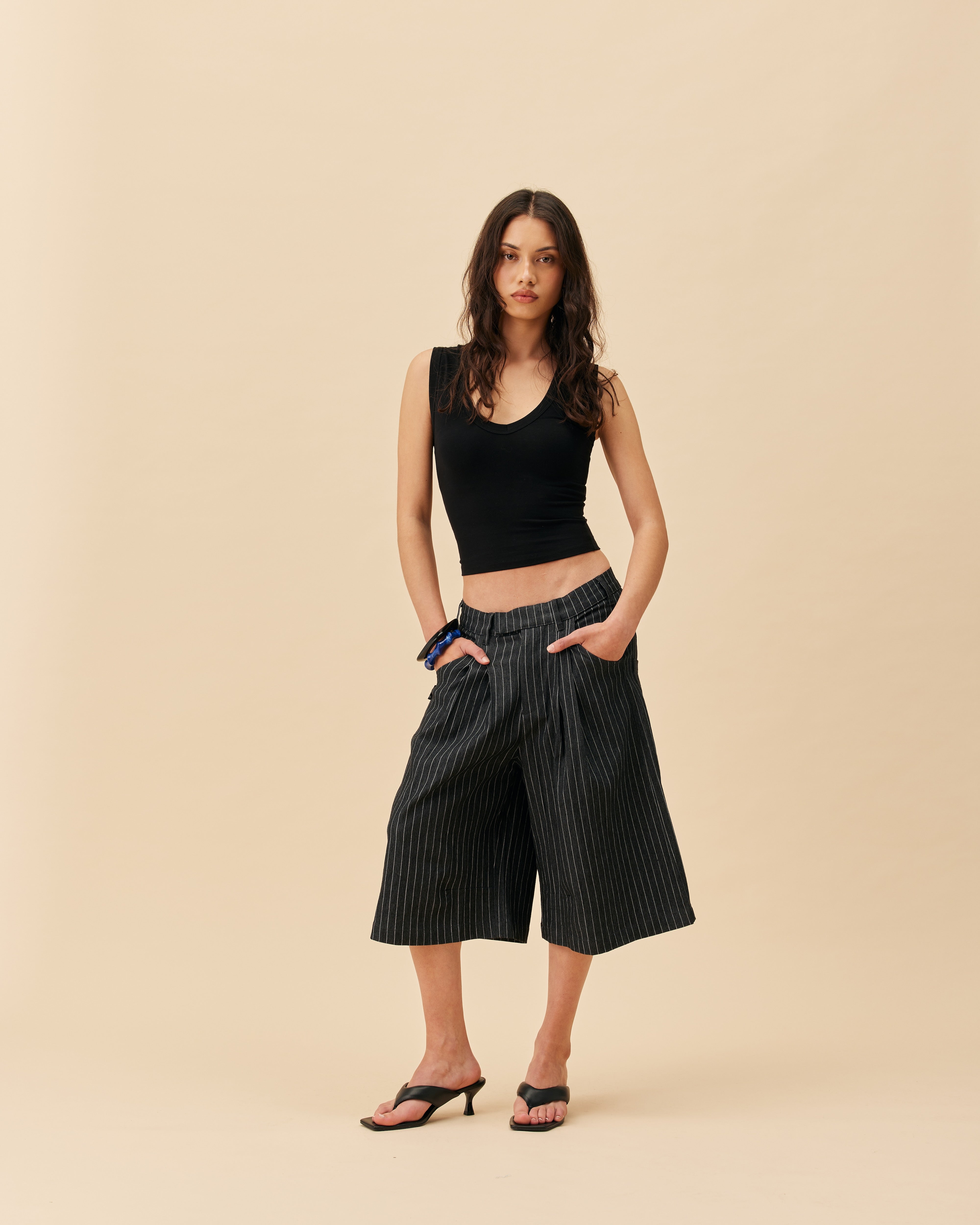 Double Pleated Shorts | NAVY PINSTRIPE – YOUKNOW. CLOTHING