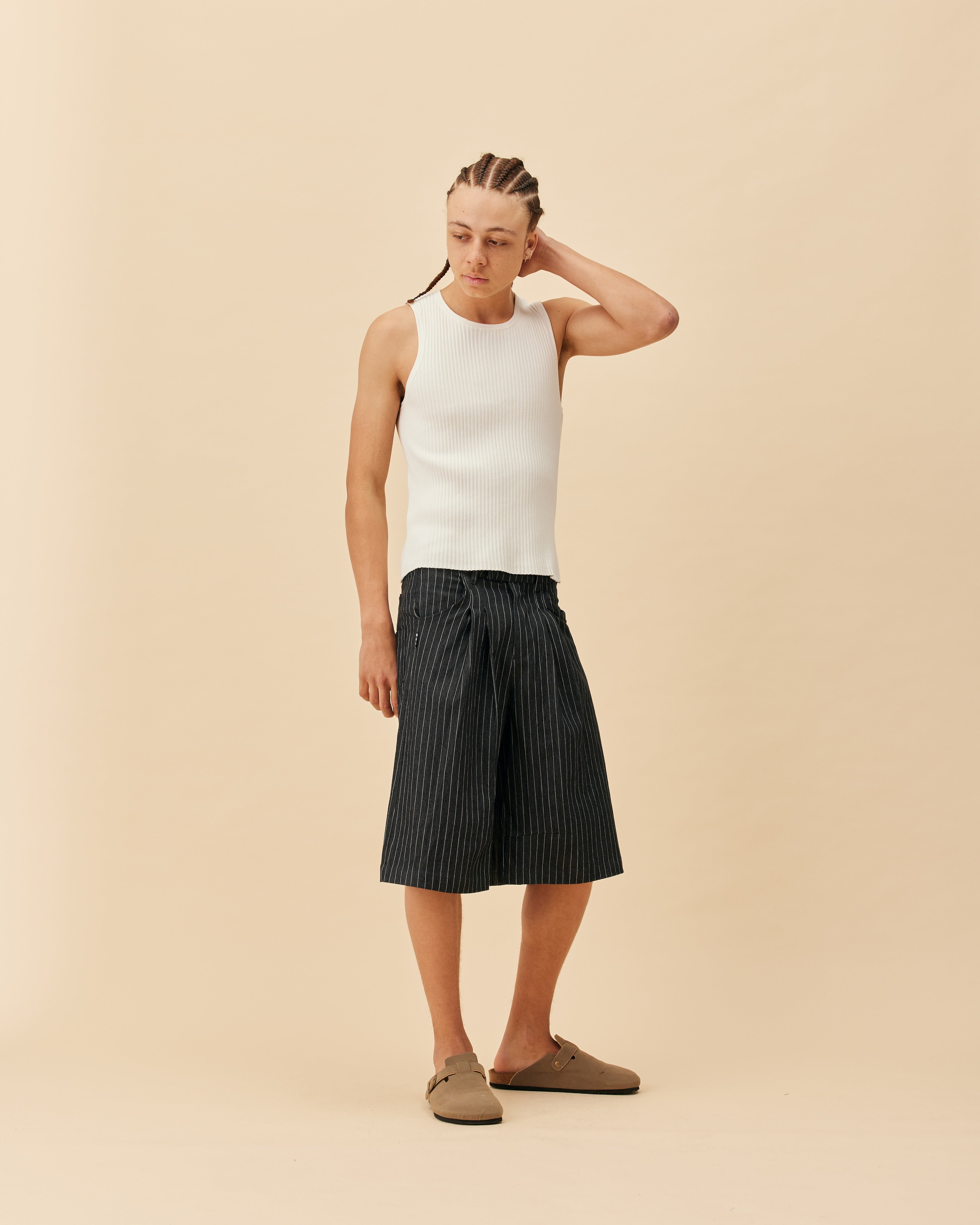 Double Pleated Shorts | NAVY PINSTRIPE